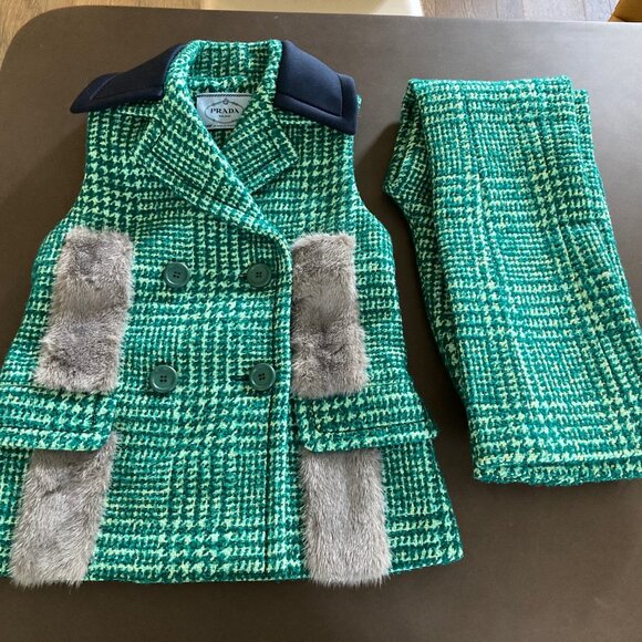 Prada Fall 2015 Green Tweed Ensemble Pants Vest with Mink Fur Accents IT 42 US 6 - Picture 13 of 16